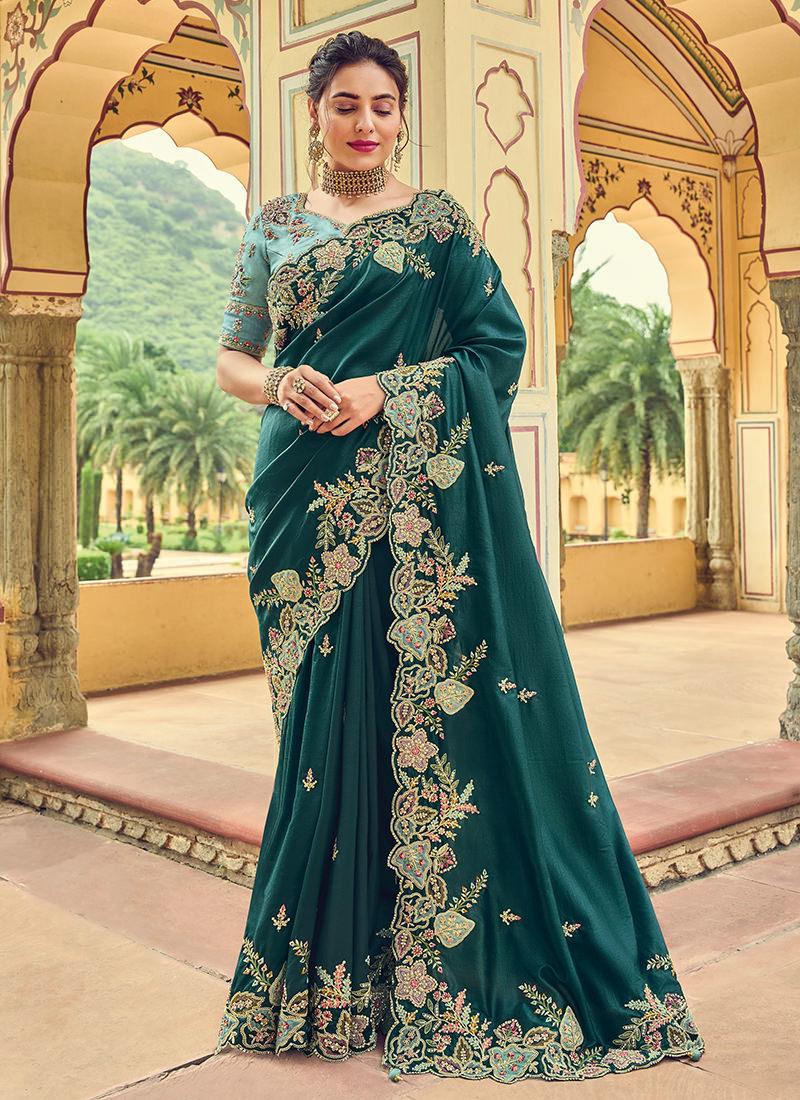 Teal Green Embroidered Organza Saree Outlet Genuine