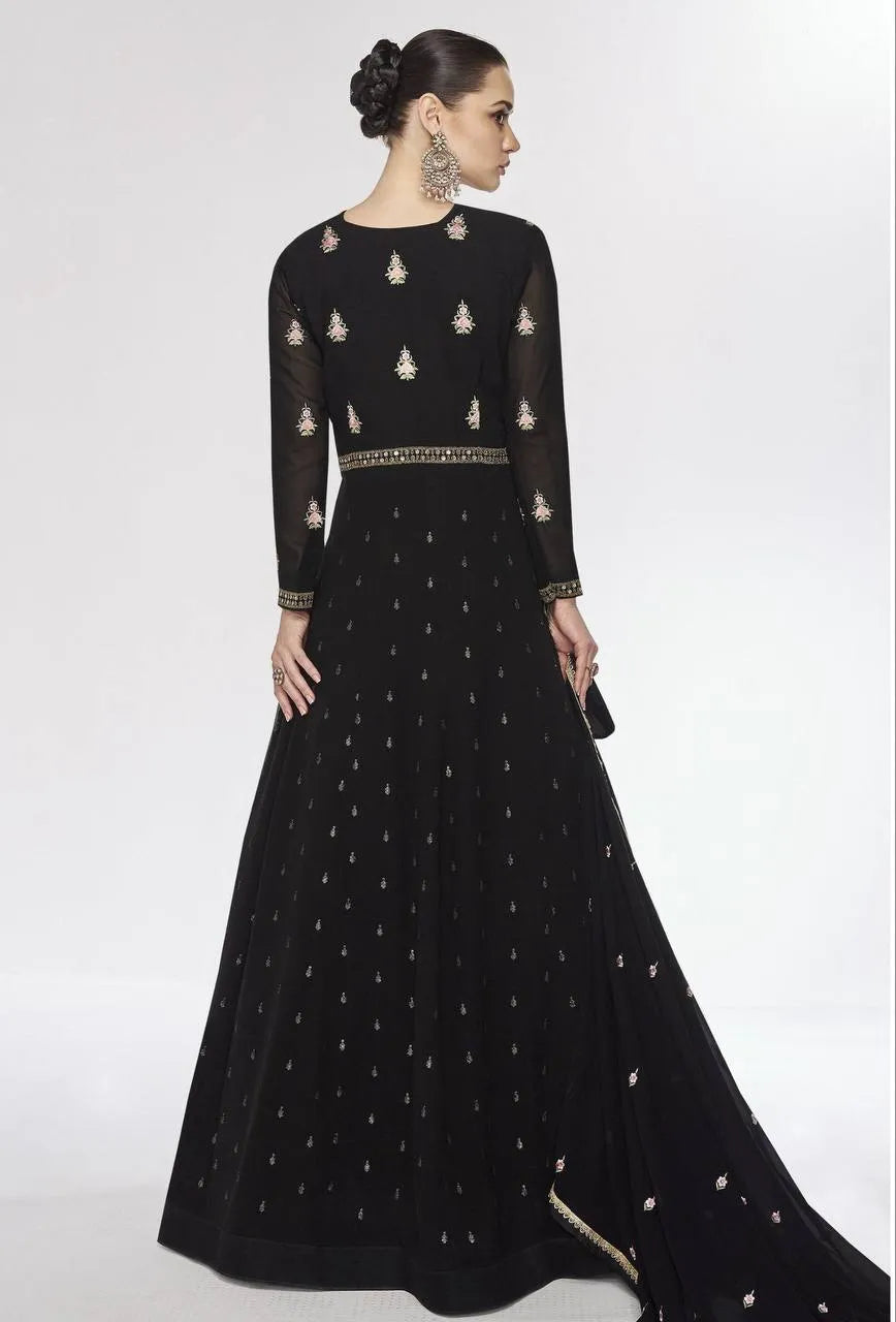 Classic Black Embroidered Faux Georgette Gown With Jacket Pay With Paypal