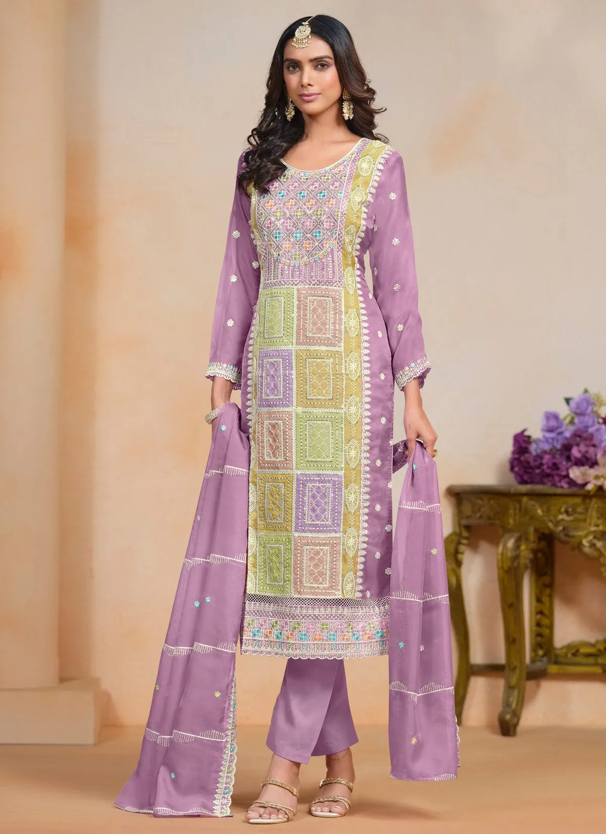 Magnificent lavender Embroidered Work Organza Salwar Kameez Discount Best