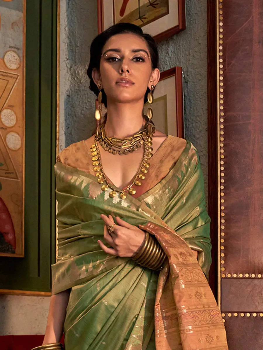 Graceful Green Tussar Silk Handloomed Saree Classic For Sale