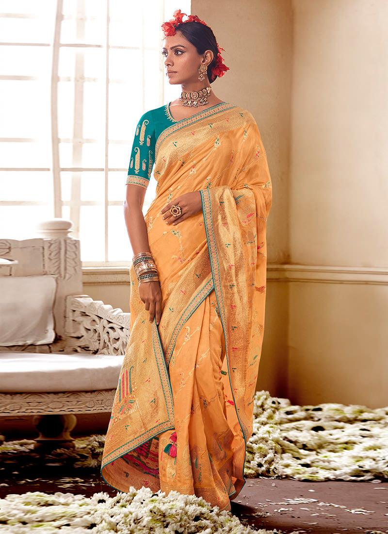 Embroidered Blouse Light Orange Silk Saree Great Deals Sale Online