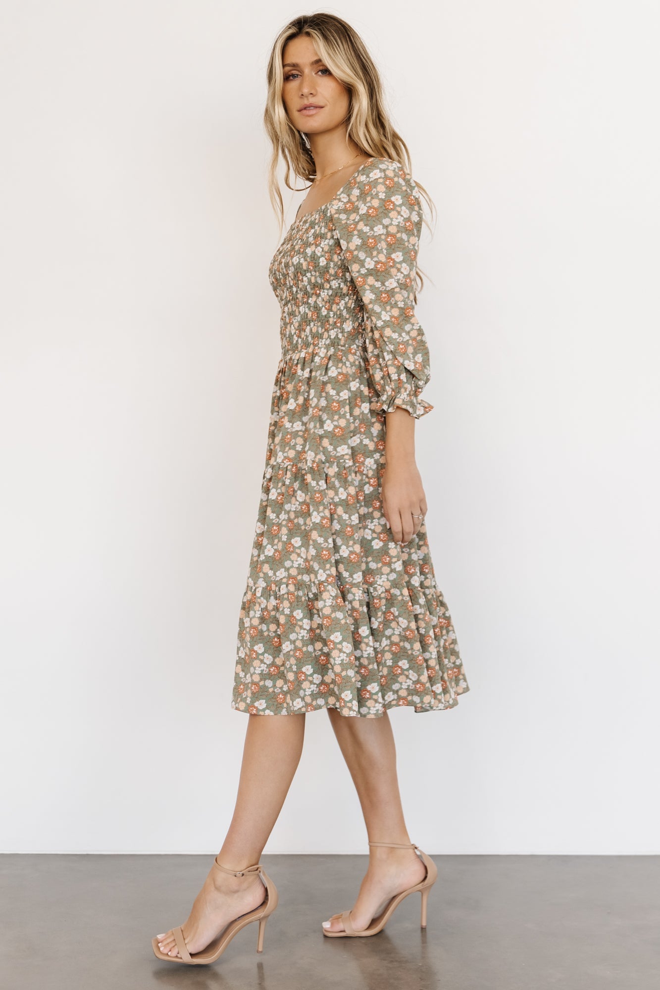 Marta Smocked Midi Dress | Dusty Olive Floral Latest Sale Online