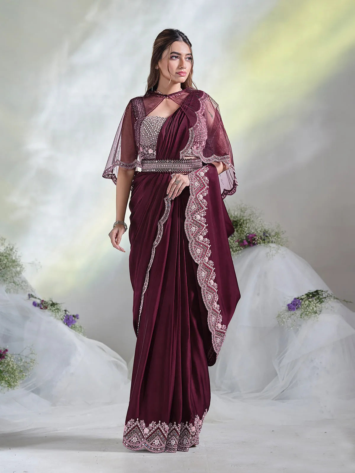 Magical Wine Ready To Wear Crepe Satin Silk Saree Buy Cheap Affordable