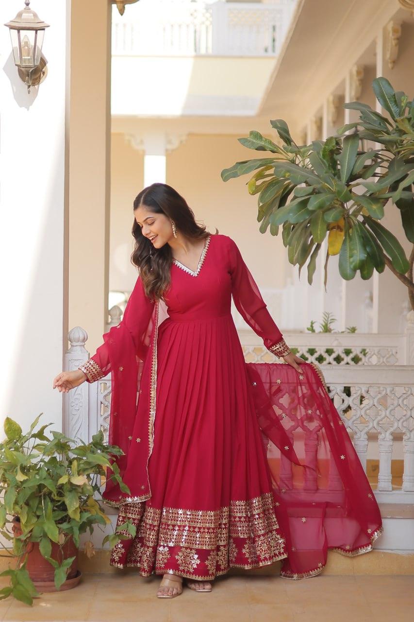 Maroon Georgette Embroidered Gown with dupatta Nicekicks