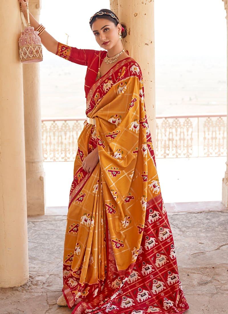 Silk Base Printed Mustard Patola Saree Websites For Sale