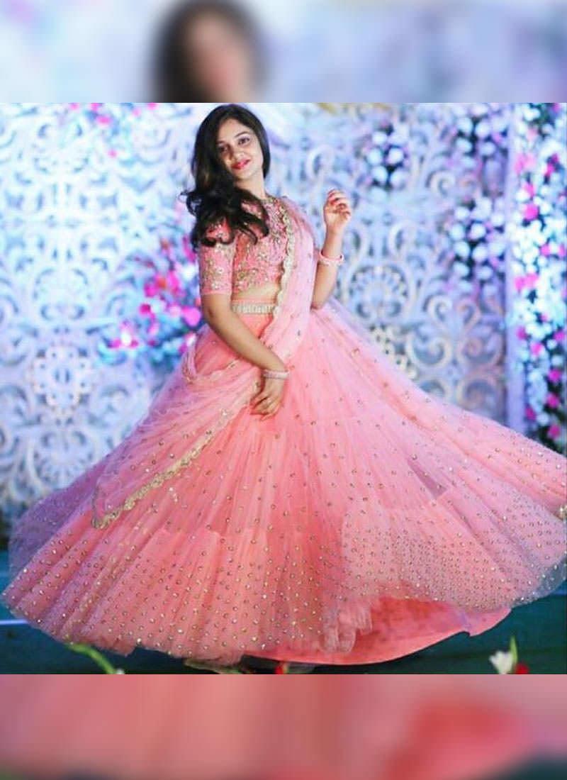 Unbeatable Peach Pink Soft Net Flared Sangeet Wear Lehenga Choli Free Shipping Shop Offer