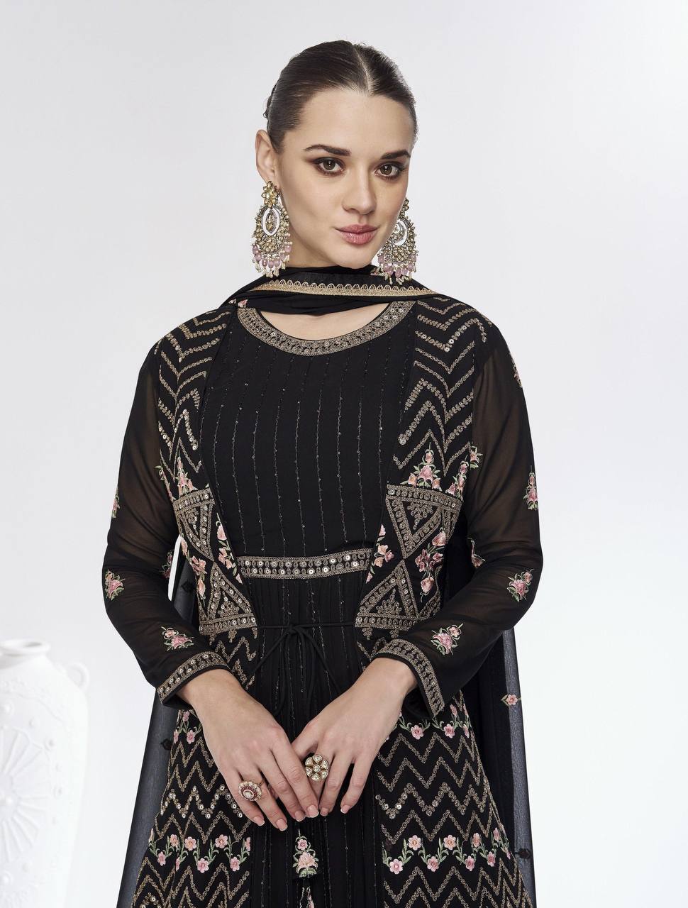 Classic Black Embroidered Faux Georgette Gown With Jacket Sale Wide Range Of