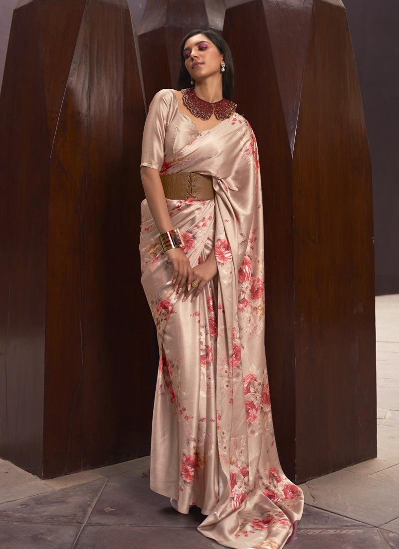 Beige Satin Crepe Floral Saree Clearance 2025