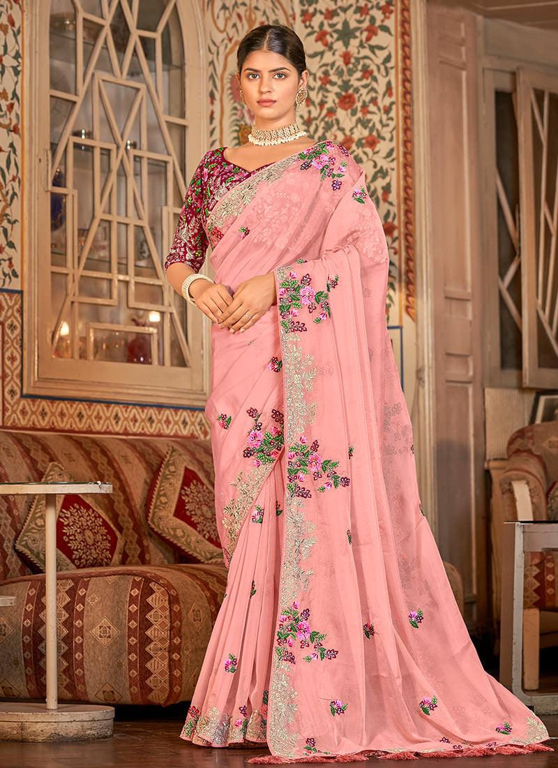 Thread Work Baby Pink Organza Saree Buy Cheap Buy