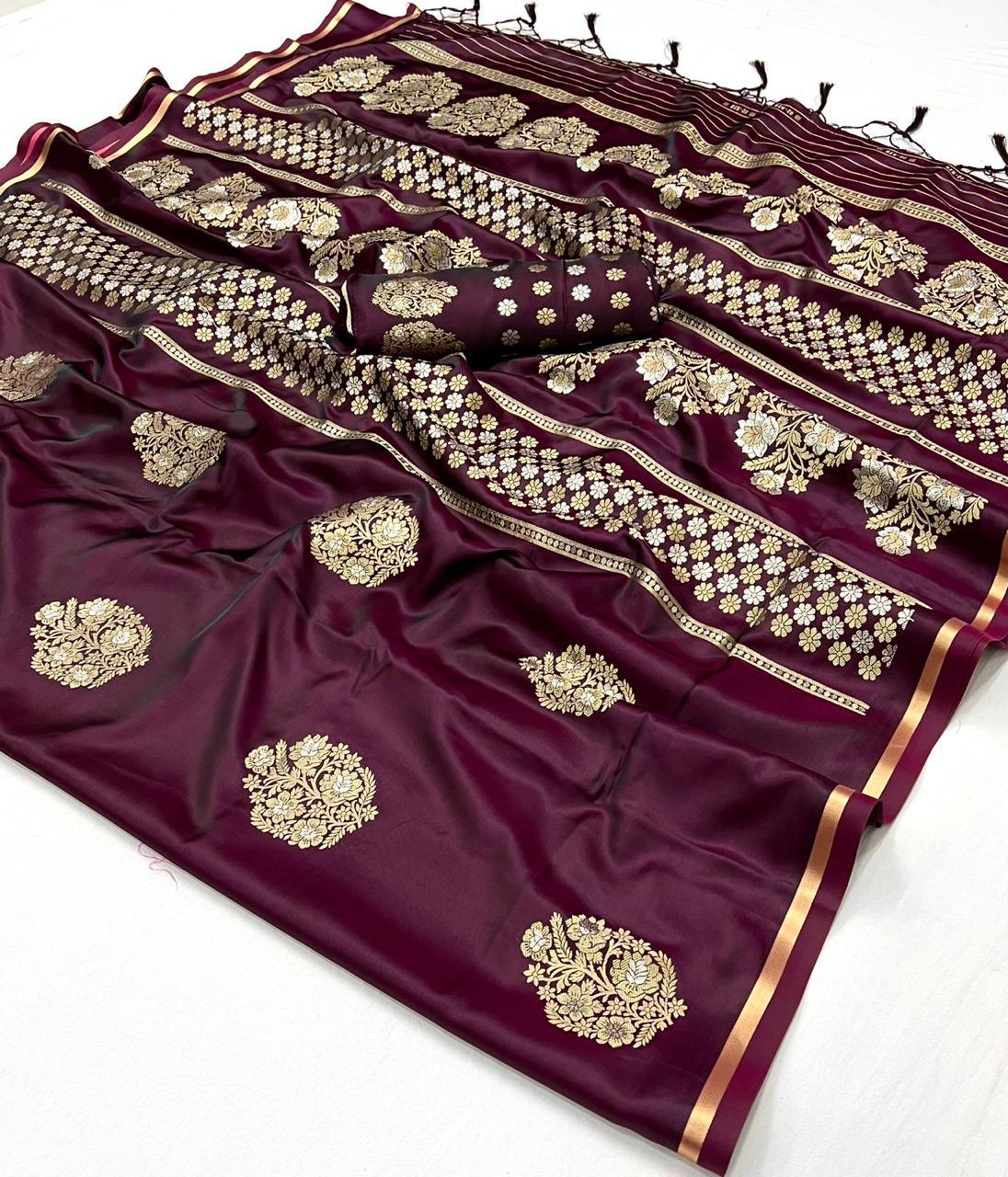 WIne Designer Pure Satin Weaving Silk Event Wear Saree Real For Sale