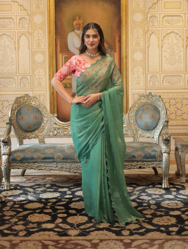 Green Gold Coin Cut Border Worked Designer Saree Free Shipping Hot Sale