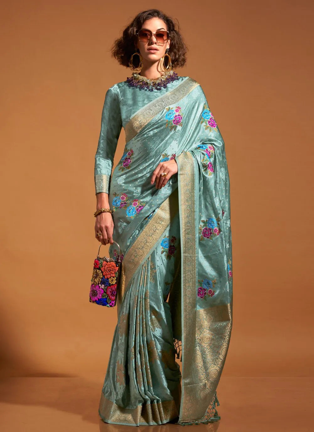 Aqua Blue Pure Satin Silk Floral Printed Weaving Worked Saree Sale Browse