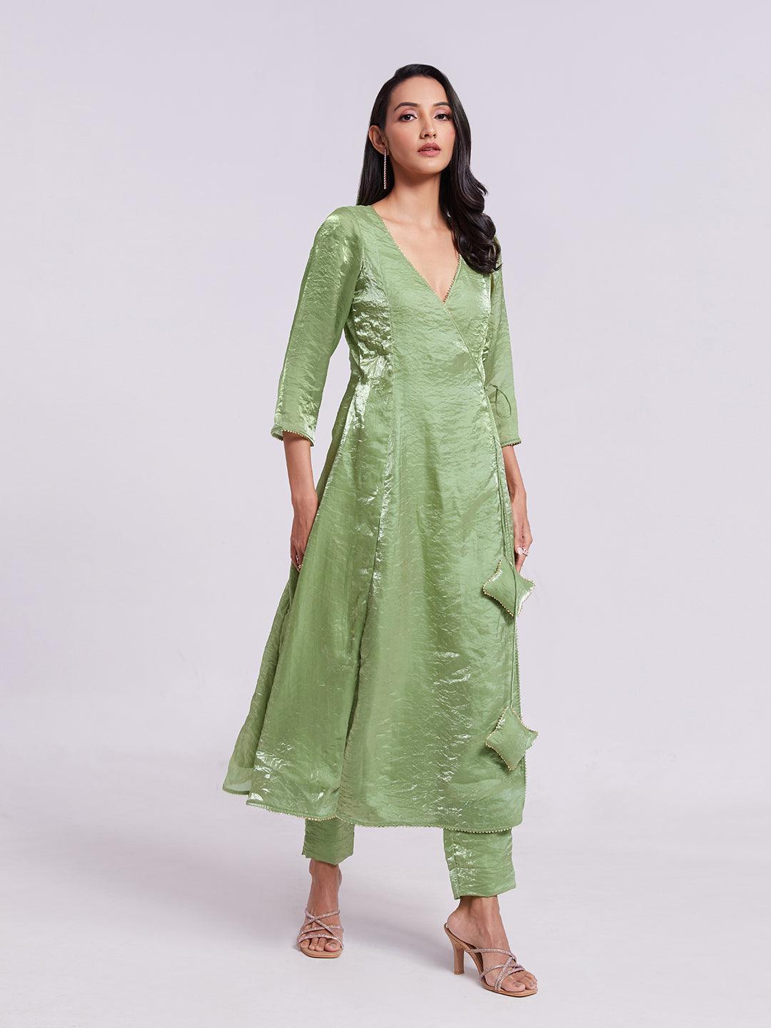 Olive Green ready-to-wear organza salwar kameez with tassels Classic For Sale