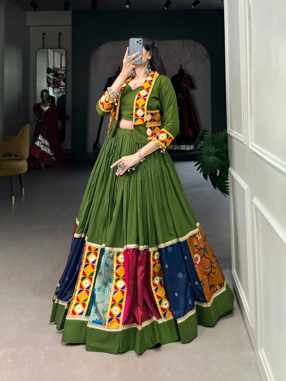 Vibrant and Mesmerizing Mahendi Green Navratri Rayon Lehenga Choli Top Quality For Sale