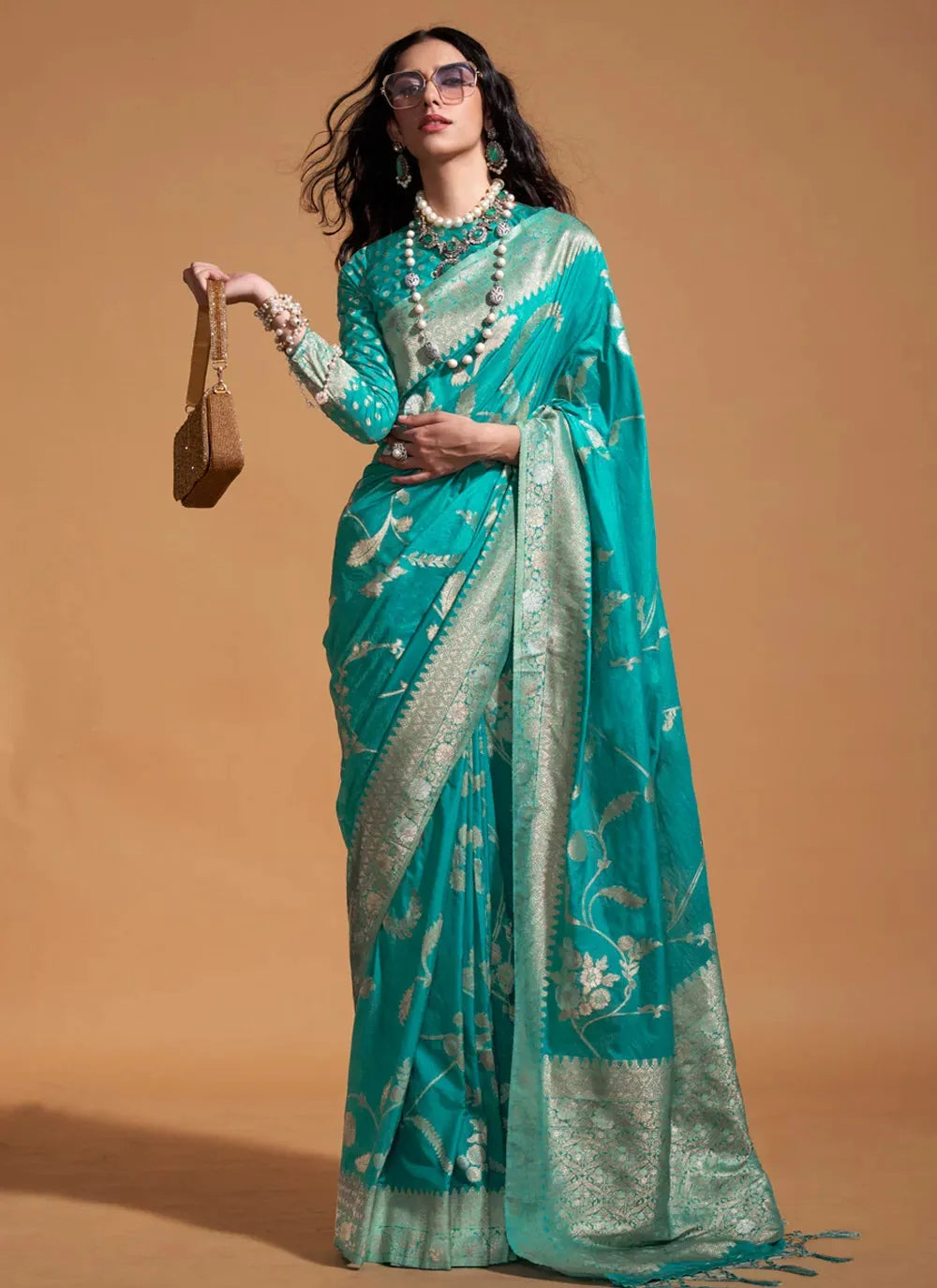 Classic Designer Hand Woven Turquoise Silk Saree Cheap Sale Latest Collections