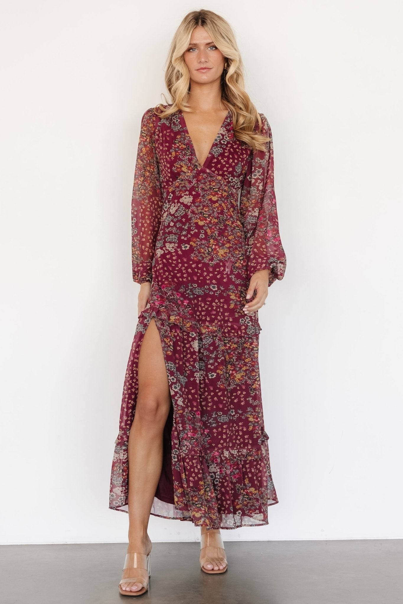 Bowman Deep V Maxi Dress | Burgundy Multi Clearance Limited Edition