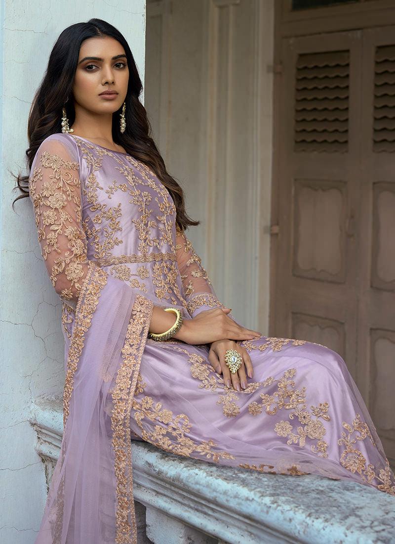 Soft Net Fabric Resham Work Purple Anarkali Free Shipping Manchester