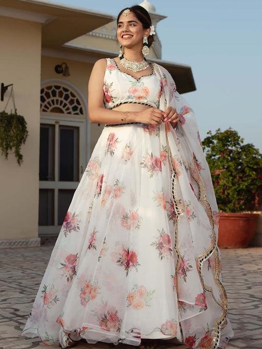 White Organza Printed floral lehenga Choli Discount Shop For