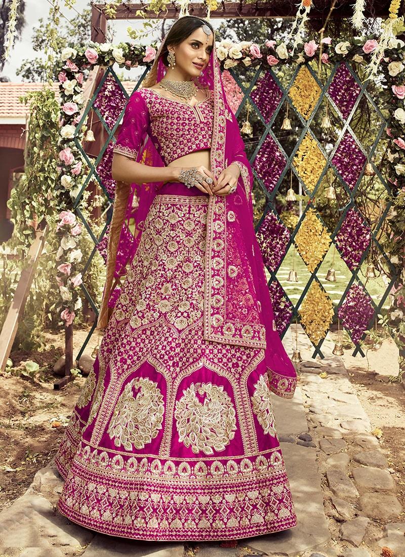 Pink Color Raw Silk Base Wedding Wear Lehenga With Net Dupatta Official Cheap Online