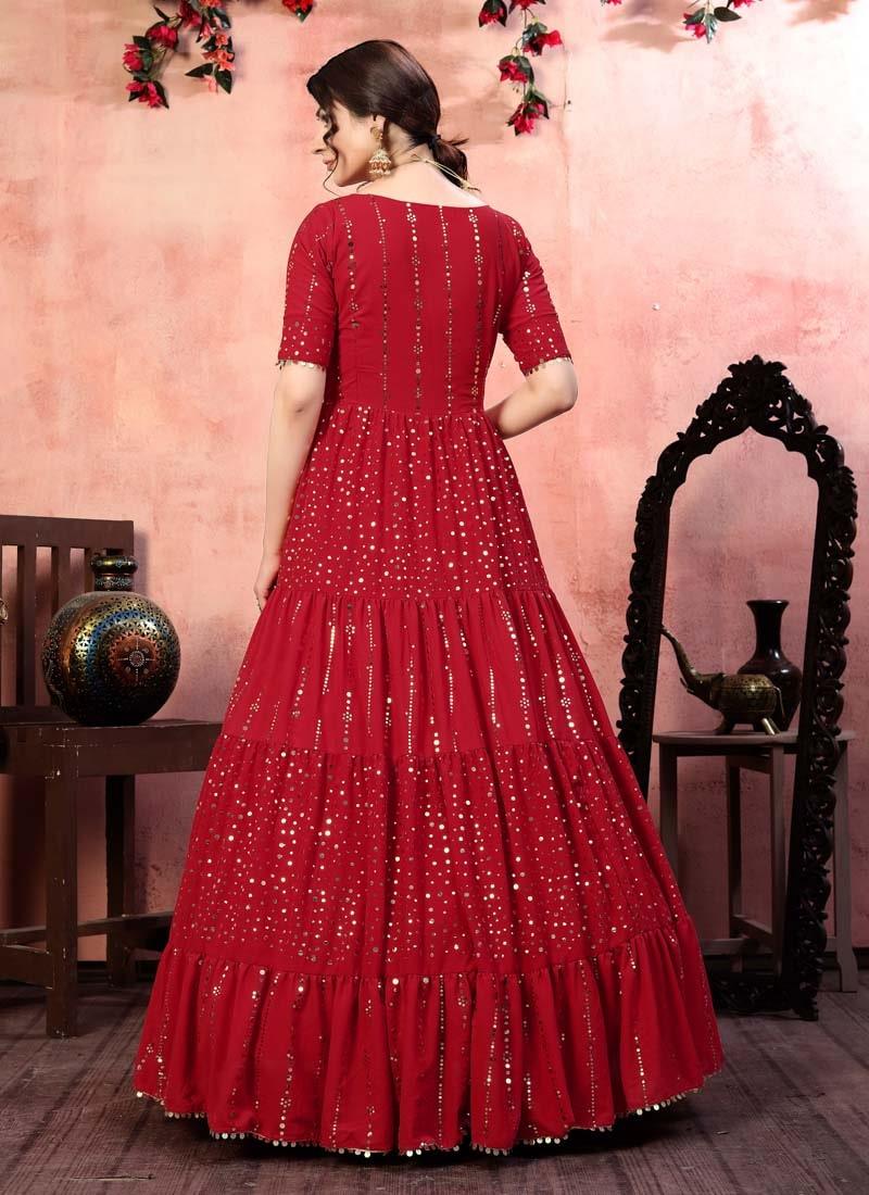 Gorgeous Red Color Georgette Fabric Fancy Sequins Work Gown Buy Cheap Extremely