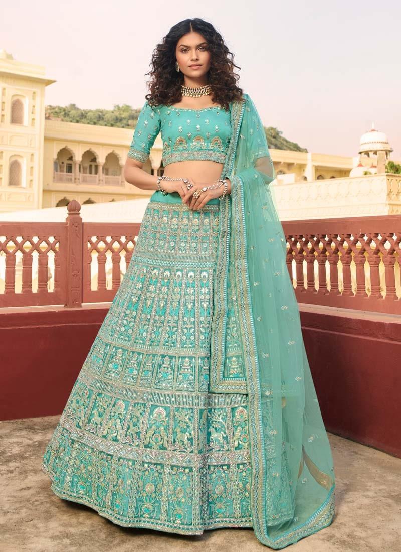 Elegant Zari And Sequins Work Turquoise Color Organza Base Lehenga Choli Cheap Wholesale