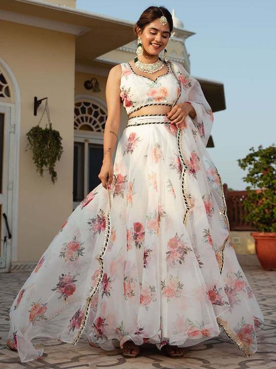 White Organza Printed floral lehenga Choli Discount Shop For