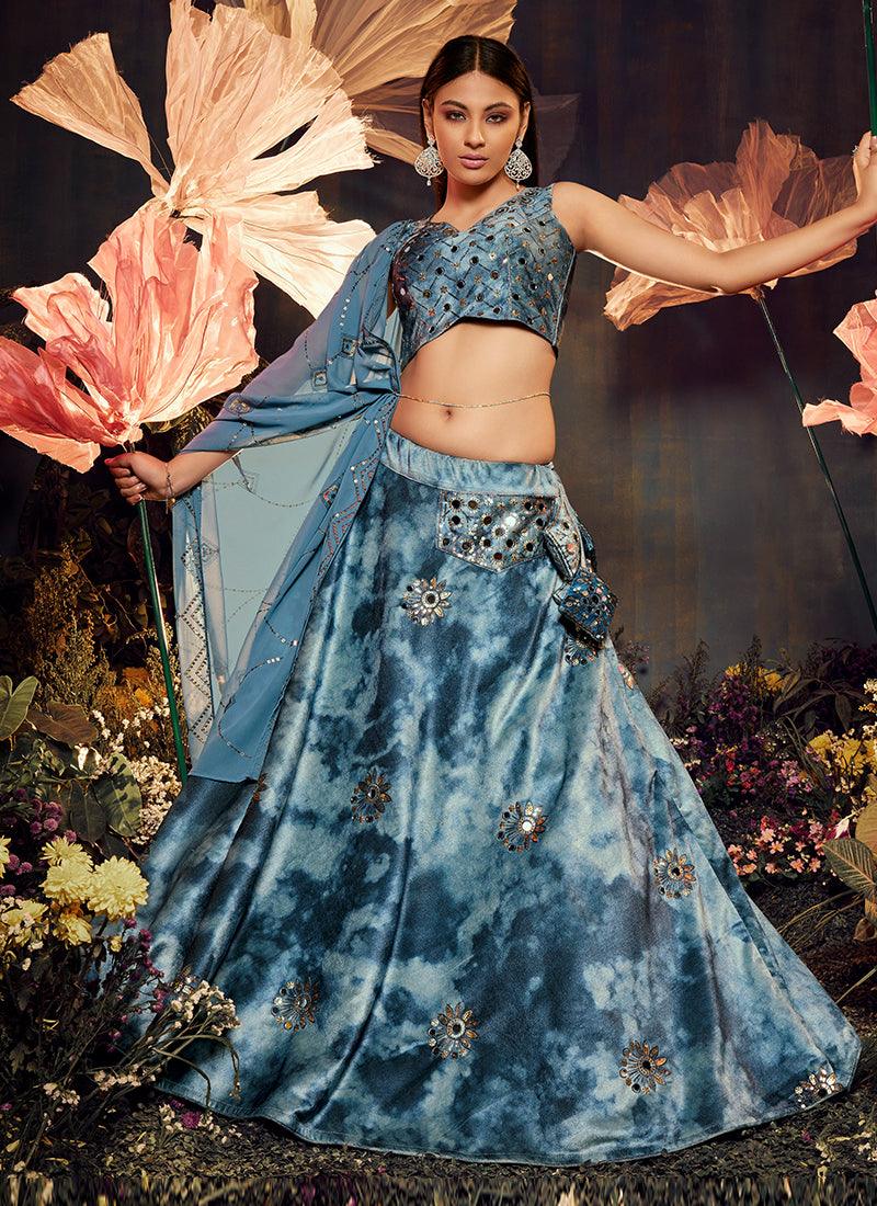 Shibori Print With Heavy Mirror Teal Blue Lehenga Clearance Store Sale Online