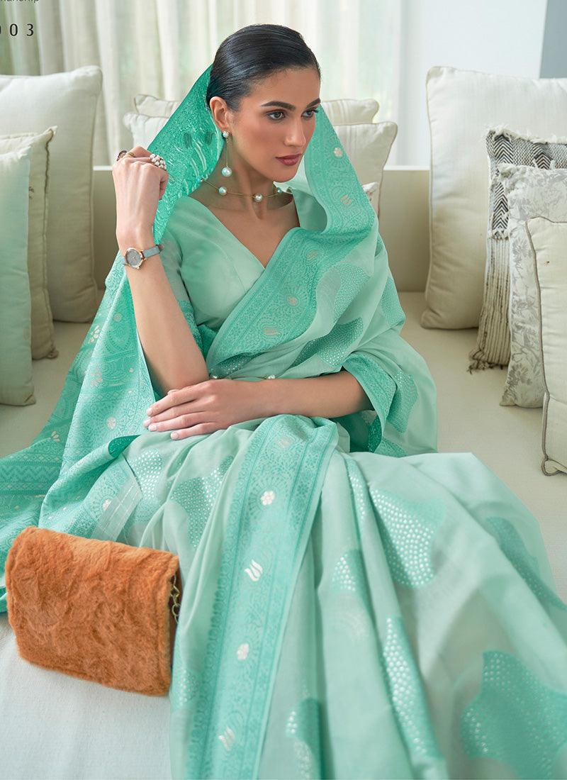 Silk Base Low Cut Neck Turquoise Saree Discounts Sale Online