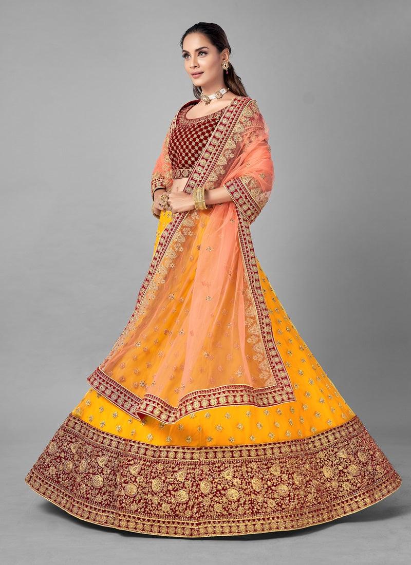 Foxy Yellow Color Velvet Base With Heavy Work Bridal Wear Lehenga Choli Supply Sale Online