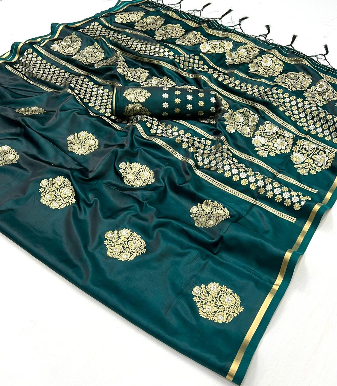 Dark Green Designer Pure Satin Handwoven Weaving Silk Saree Very Cheap Cheap Online