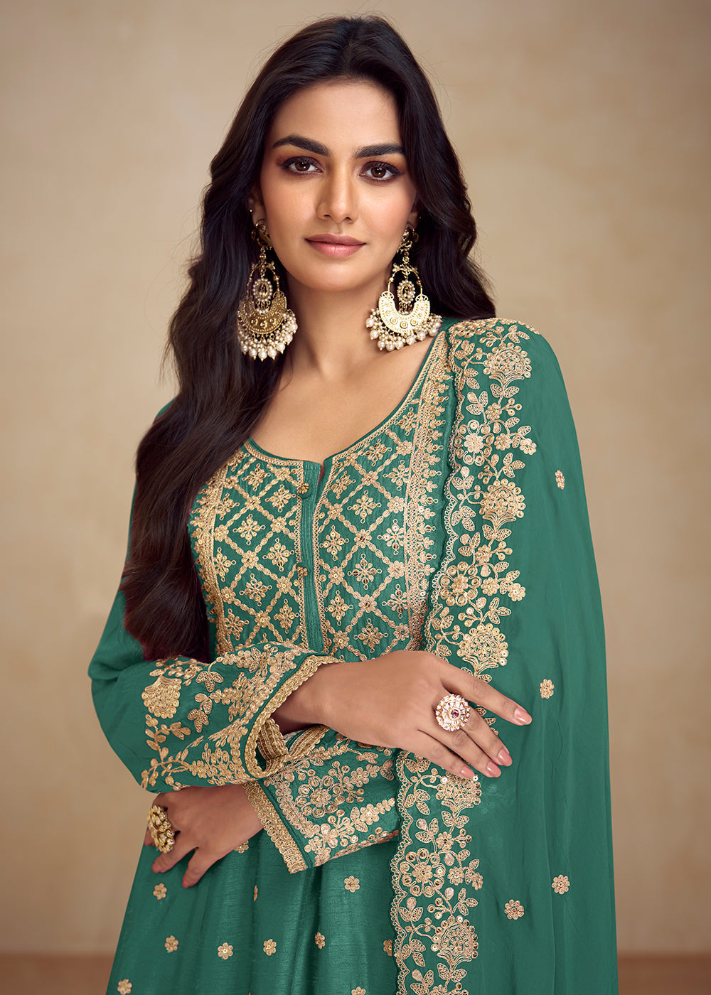 Designer Pure Chinnon Green Embroidered Palazzo Suit Clearance Discounts