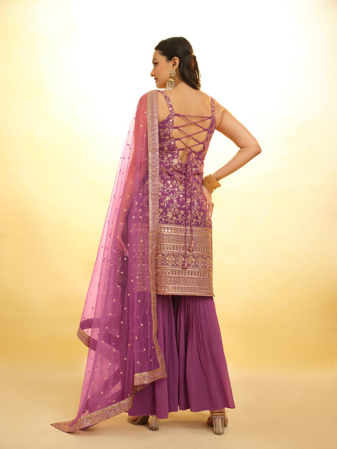 Lilac Embroidered Georgette Sharara Suit with dupatta Cheap Pice Original