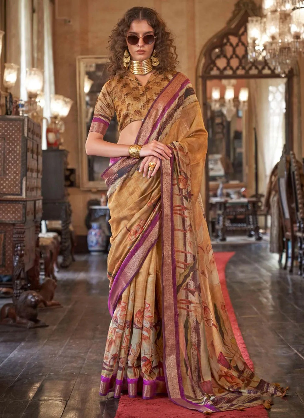 Majestic Khaki Brown Digital Printed Viscos Soft Silk Saree In China Cheap Pice