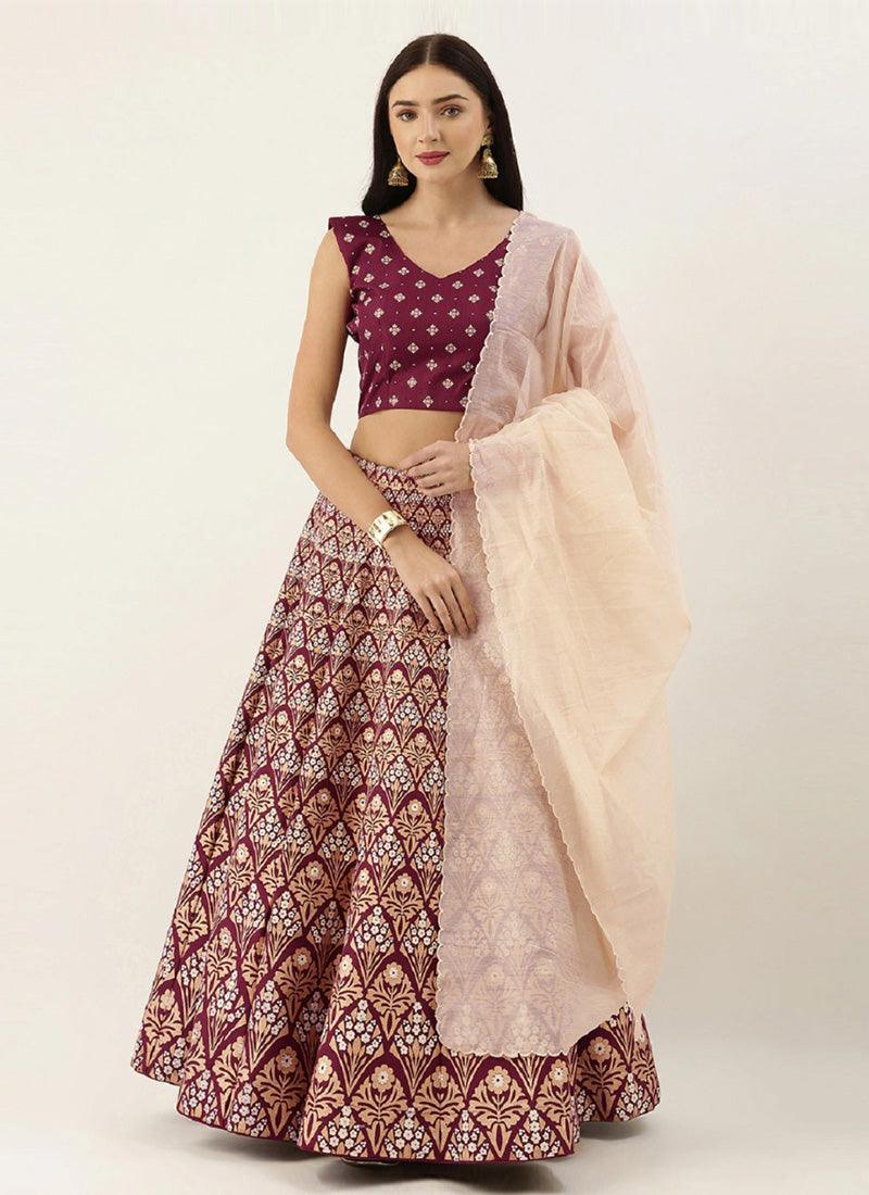 Digital Print Silk Base Wine Color Sleeveless Lehenga Choli Sast Online