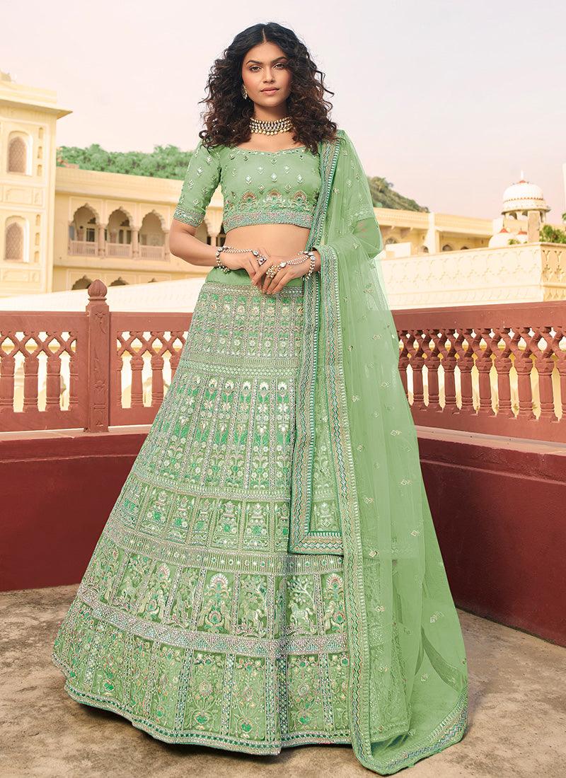 Pista Green Color Organza Fabric Sequins Work Lehenga Choli Cheap Comfortable