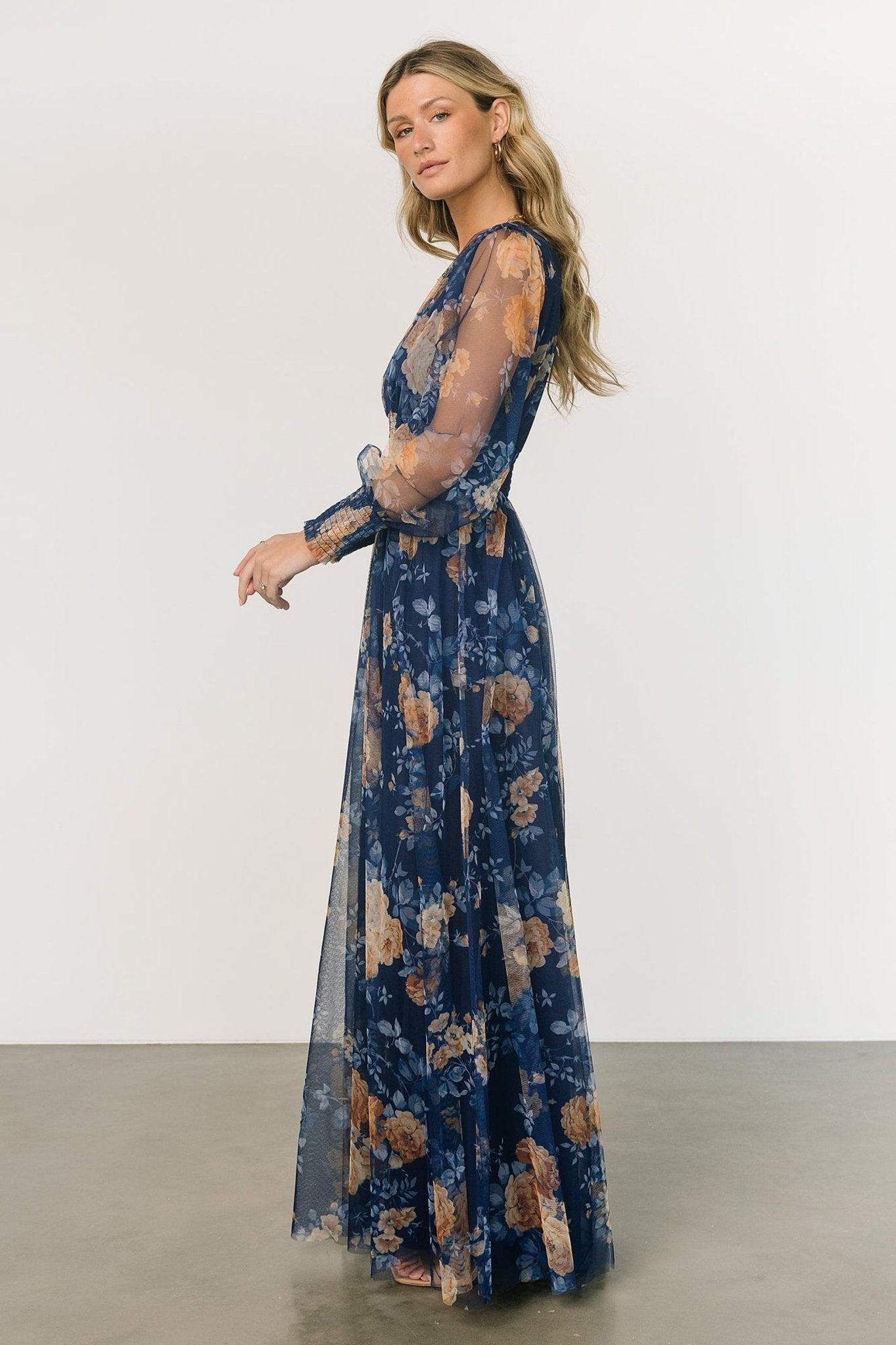 Layla Tulle Maxi Dress | Blue + Golden Floral For Sale Wholesale Pice