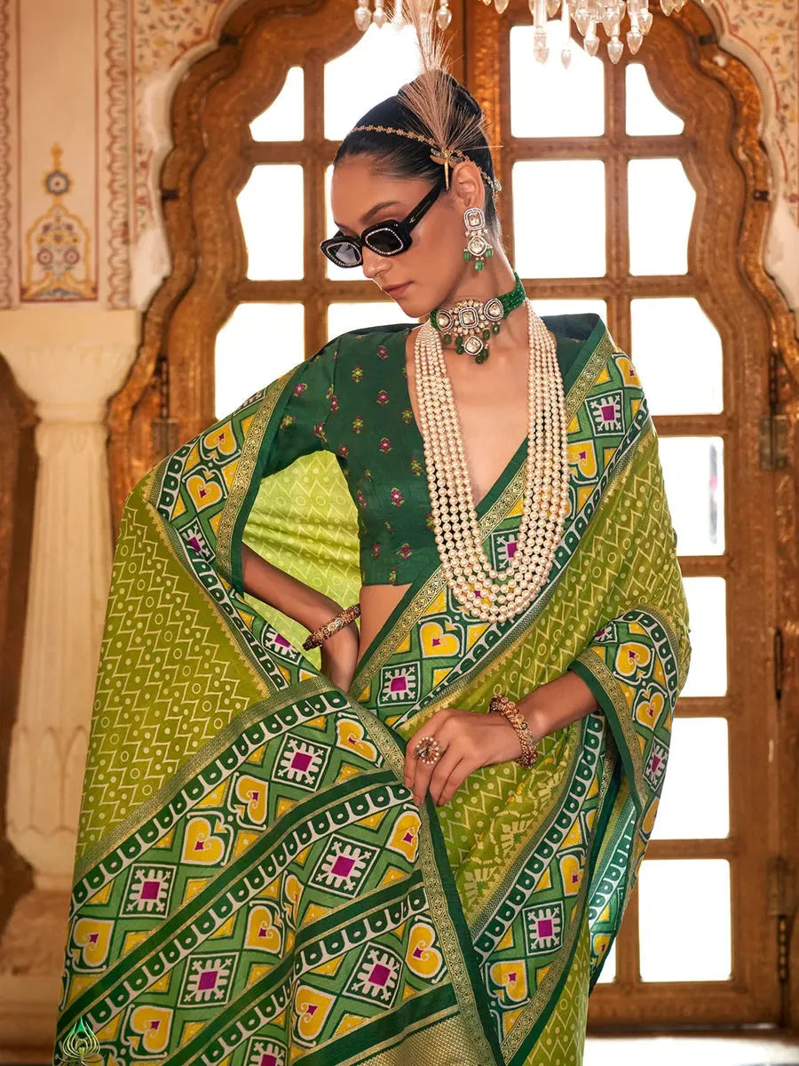 Outstanding Olive Green Silk Designer Patola Saree Release Dates Cheap Online