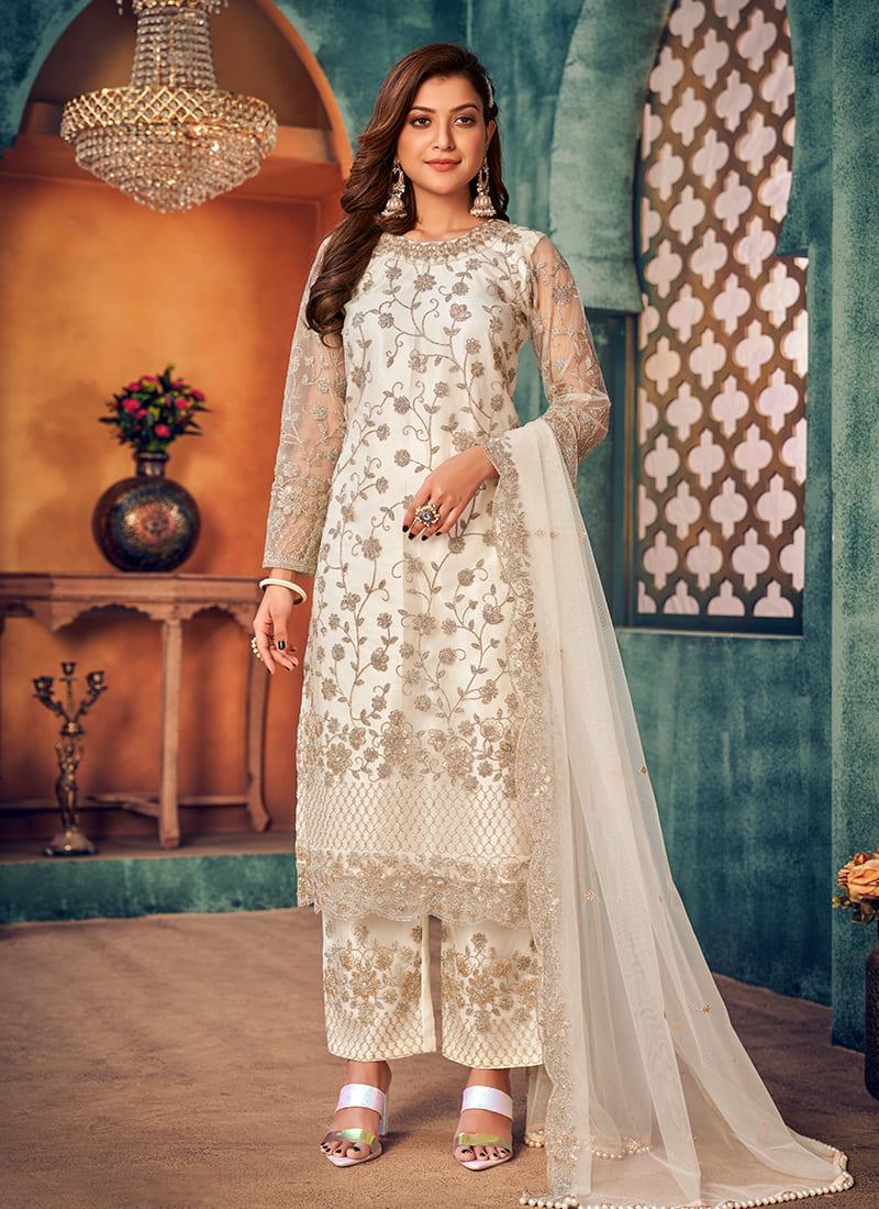 White Net Embroidered Pant Style Suit Best