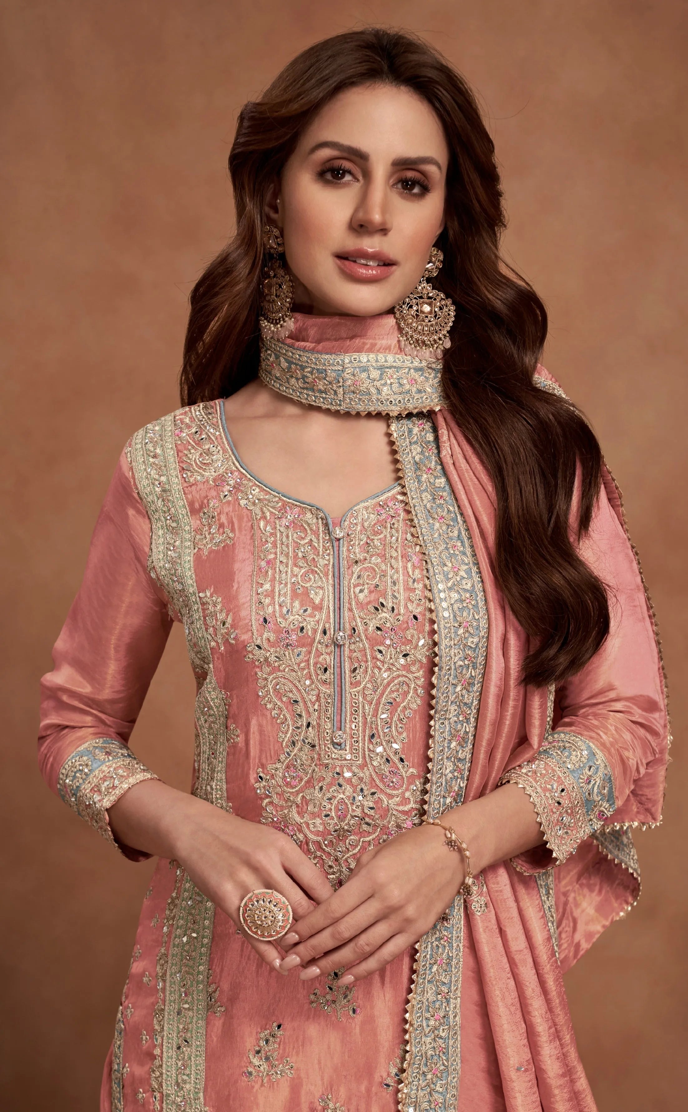 Peach Simar Silk Palazzo Suit with Embroidered Dupatta Discount Pay With Paypal