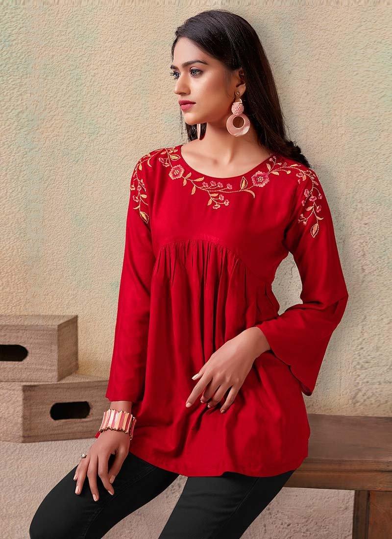 Red Color Cotton Base Bell Sleeves Partywear And Casual Wear Short Kurti Buy Cheap 2025 New