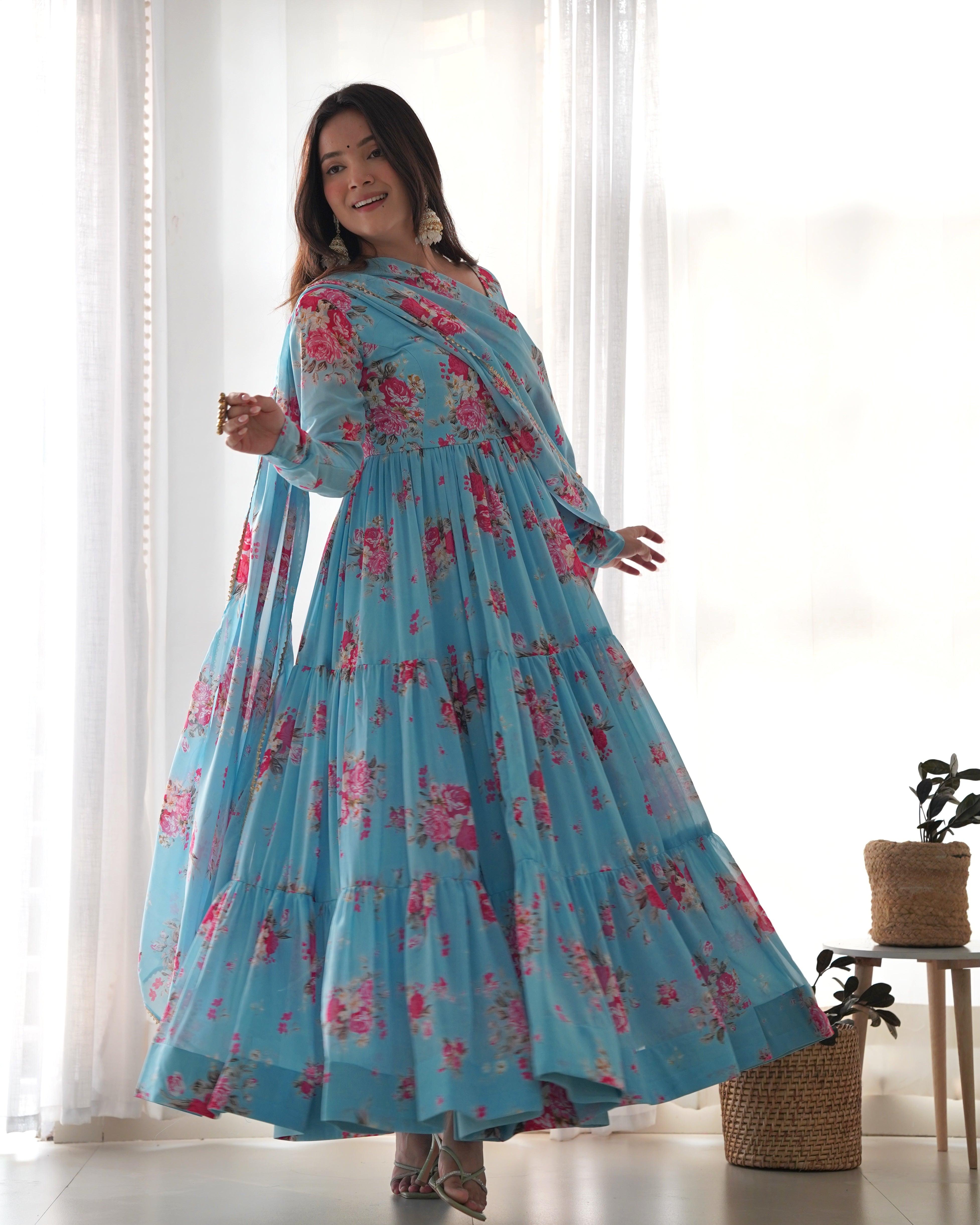 Sky Blue Pure Faux Georgette Floral Printed Ruffle Anarkali Pant Suit Cheap Sale New Arrival