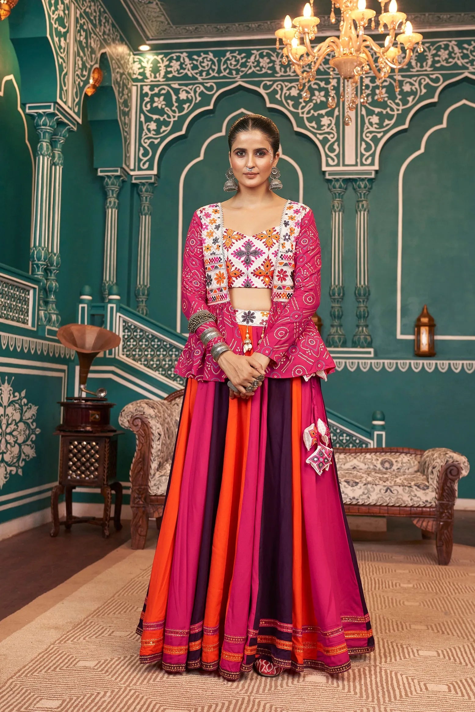 Magical Multicolored Rayon Navratri Jacket Lehenga Choli Sale Cheapest