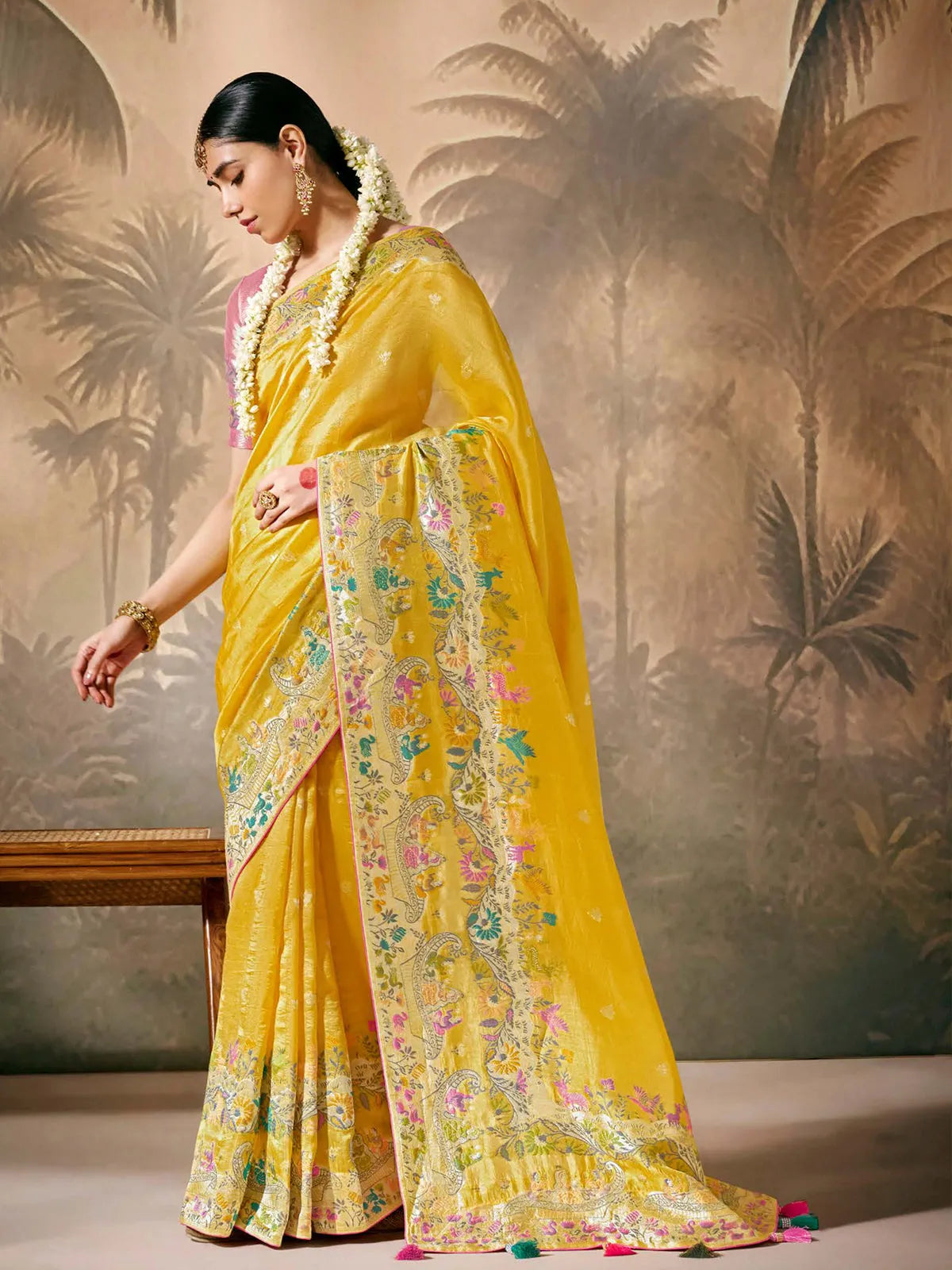 Marvelous Yellow Paithani Banarasi Silk Saree with Floral Motifs Cheap Sale Good Selling