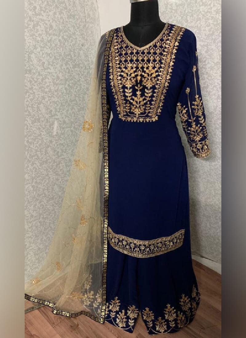 Attractive Navy Blue color With Georgette Base Pakistani Palazzo Suit Fashion Style Online