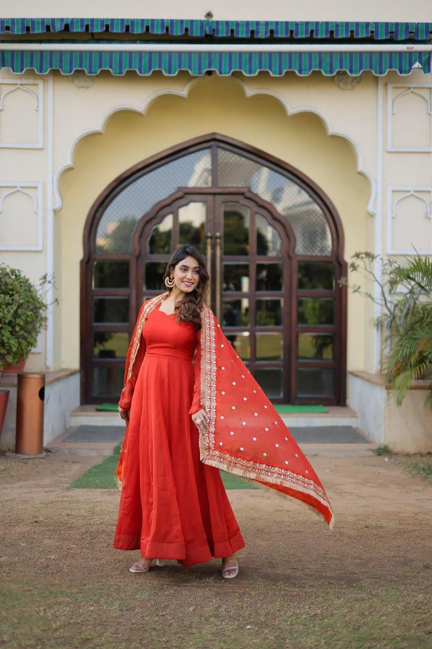 Orange silk Flared gown with dupatta Cheap With Paypal