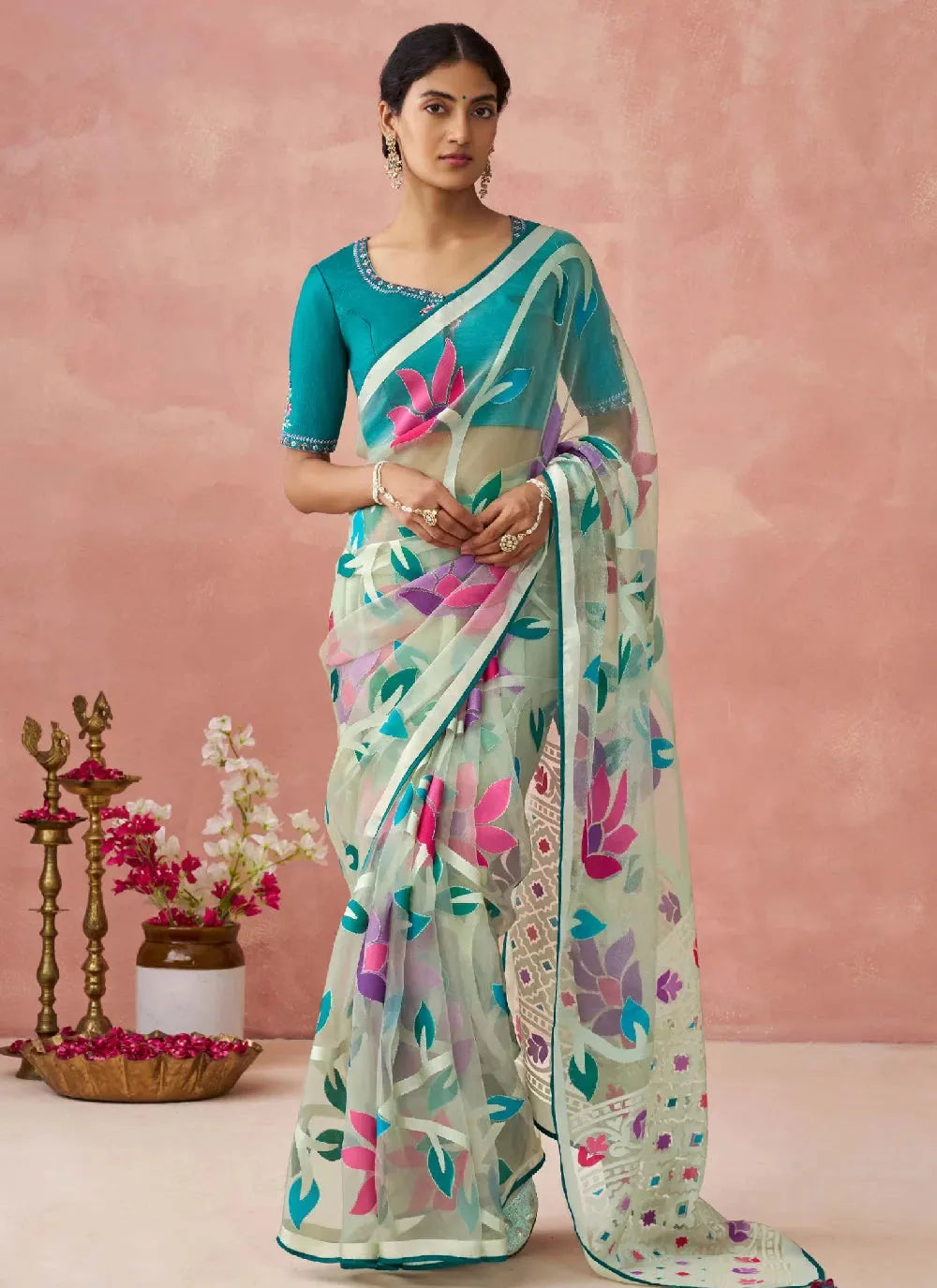 Turquoise Colored Printed Woven Worked Designer Saree Cheap Sale Sast