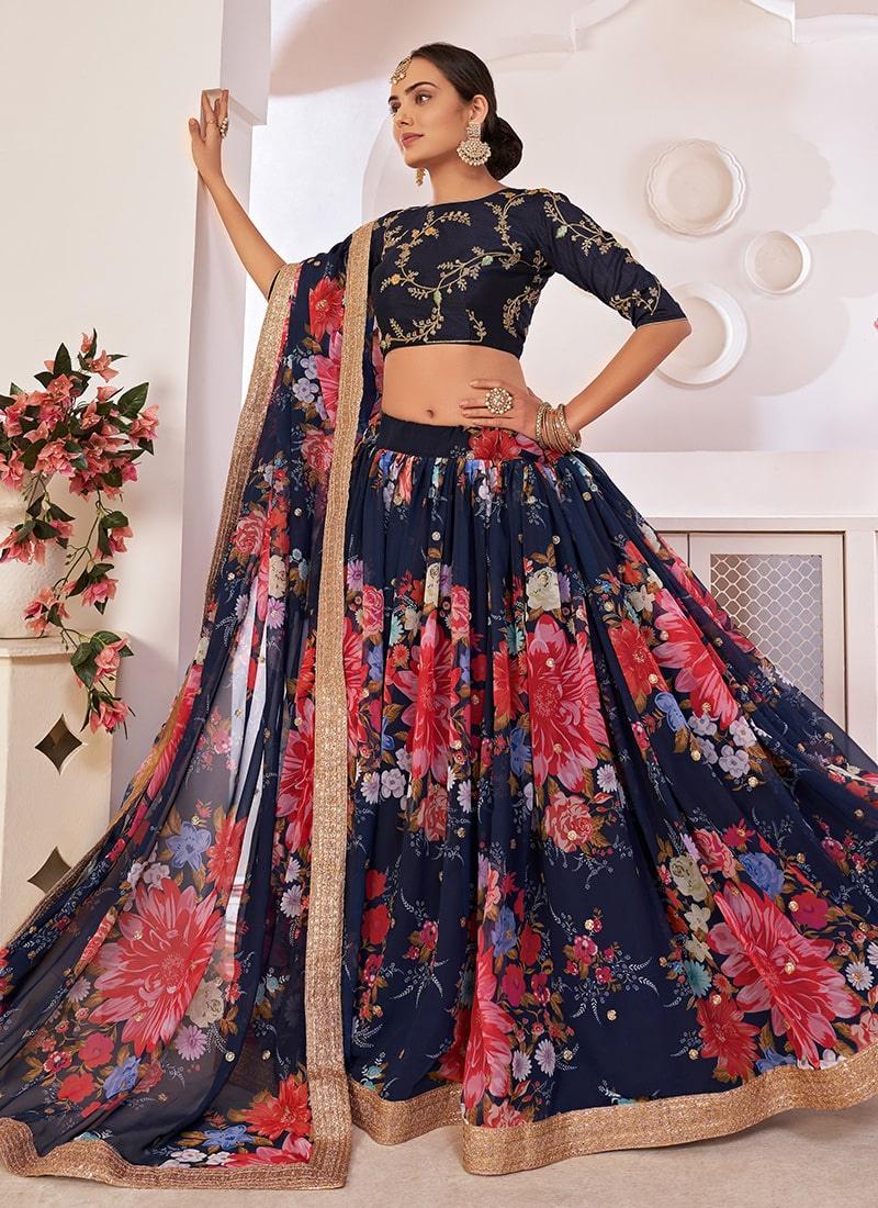 Navy Blue Color Georgette Material Floral Print Lehenga Discount Low Pice