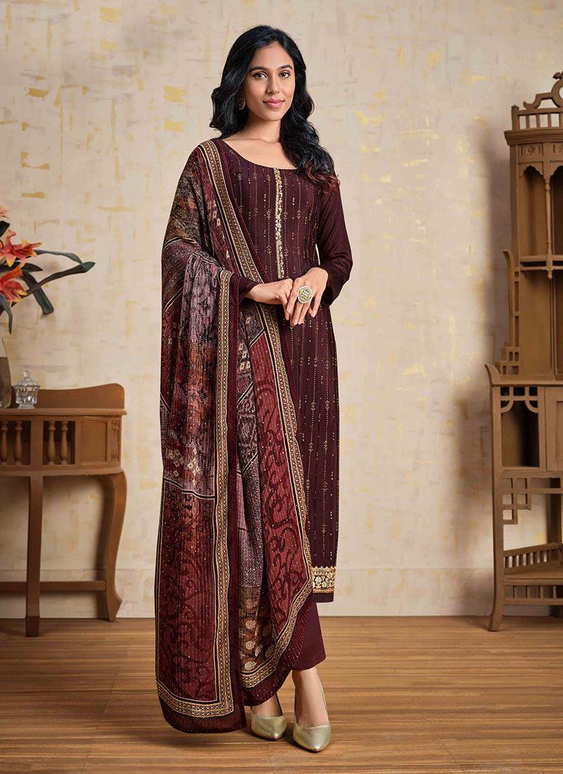 Maroon Color Chinnon Base Salwar Suit With Swarovski Work Cheap Sale Geniue Stockist