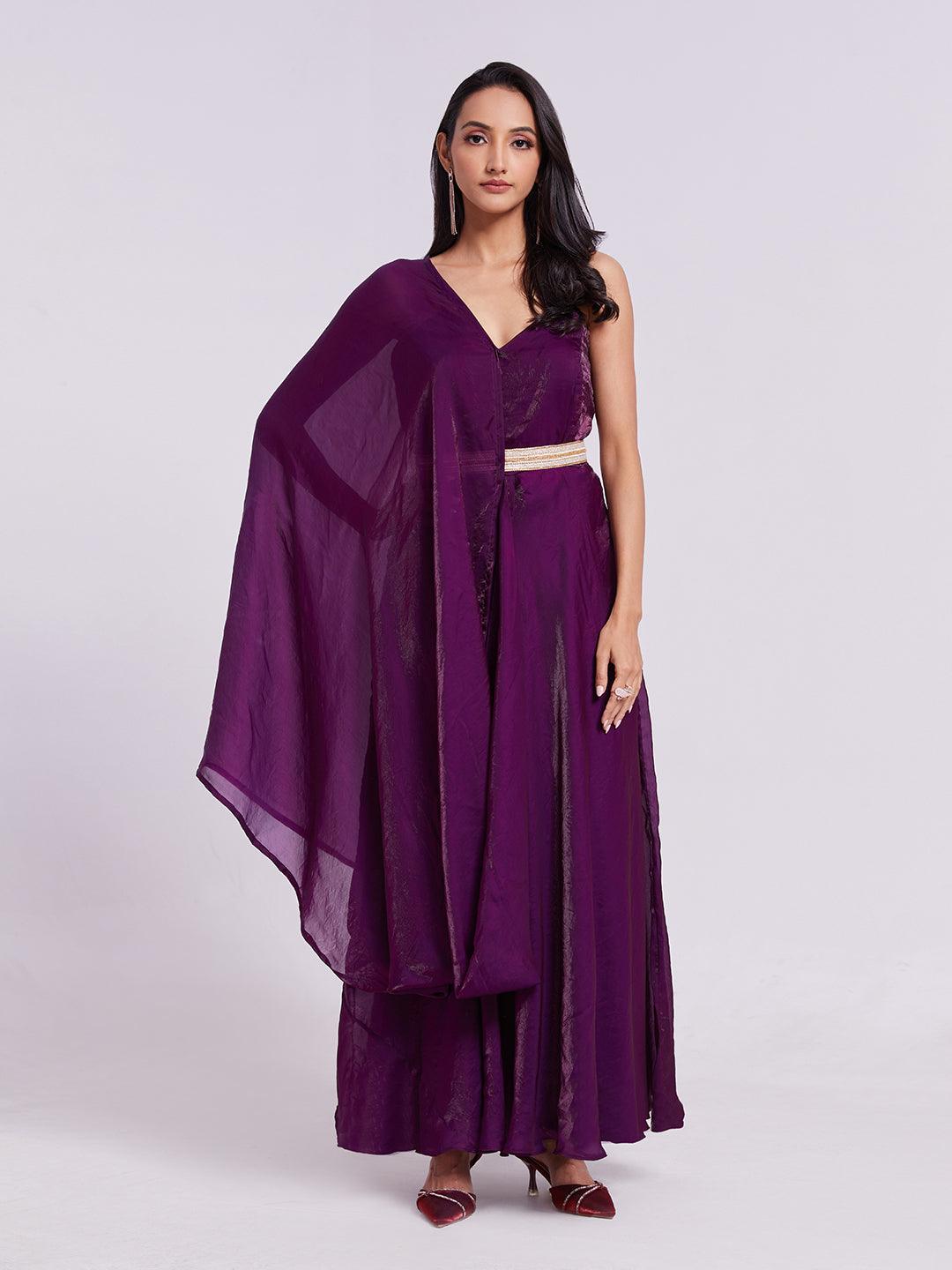 Purple organza readymade gown with attach dupatta and belt Discount Huge Surprise