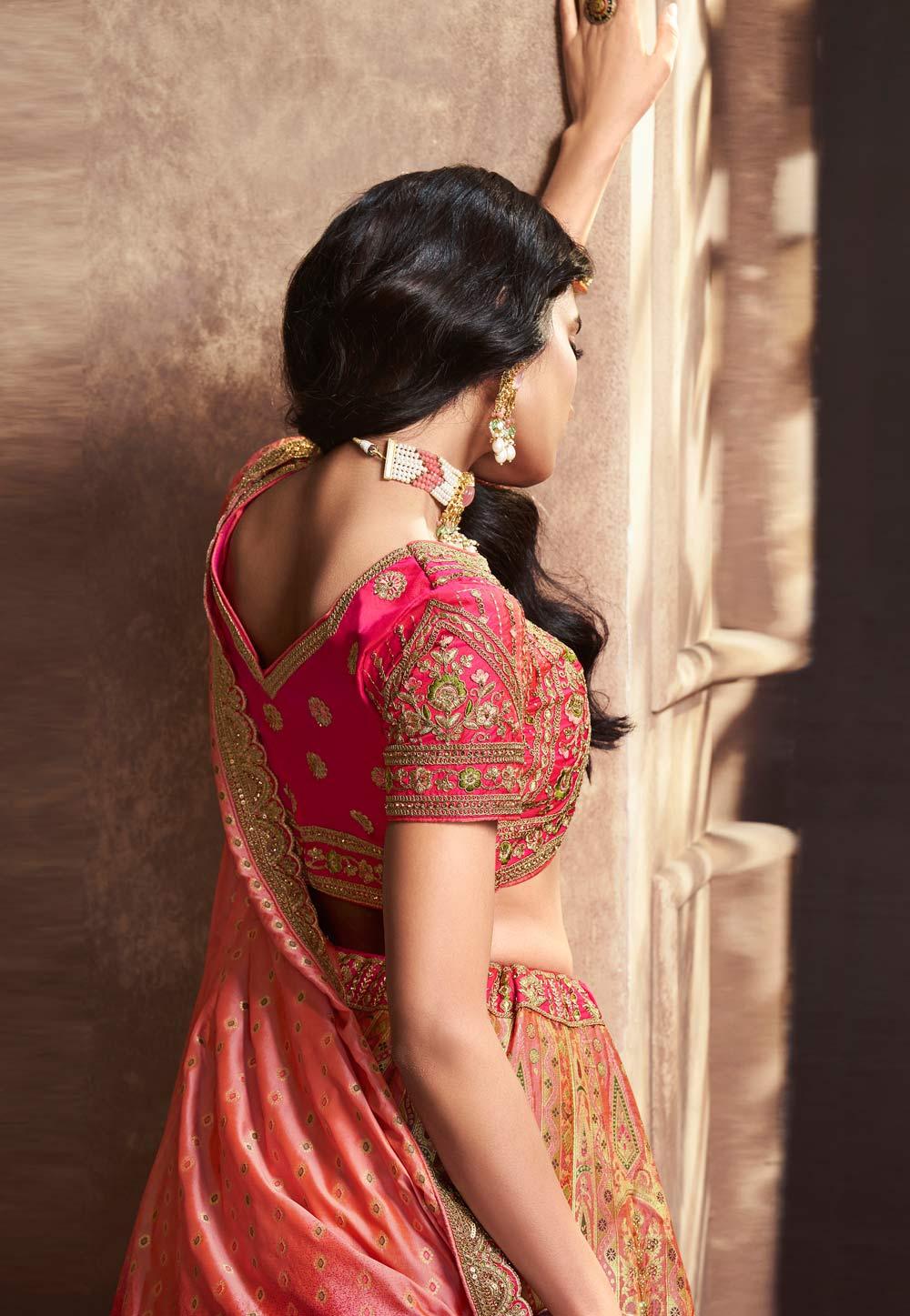 Peach Pink Banarasi Silk Sequins Embroidered Wedding Lehenga Choli Many Kinds Of Online